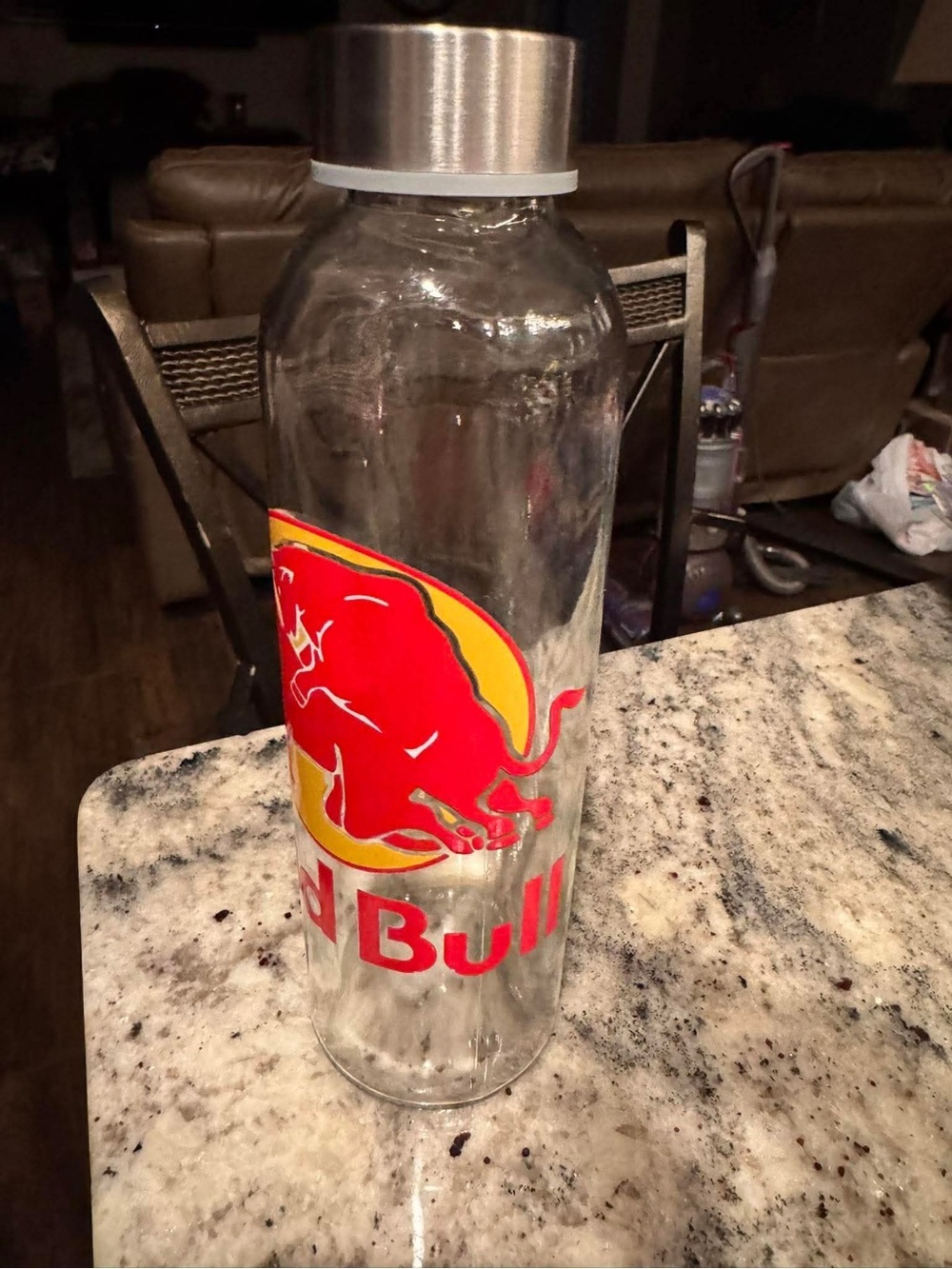 BAD BULL Red Bull Hand Crafted Red and Yellow Glass Drink Bottle with Metal Lid